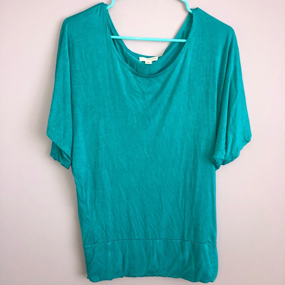 Blue flowy, fitted at the waist shirt